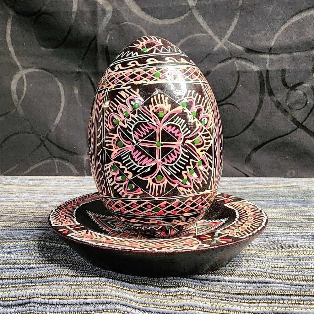 Large hand-painted Ukrainian Pysanky egg matching wooden stand
